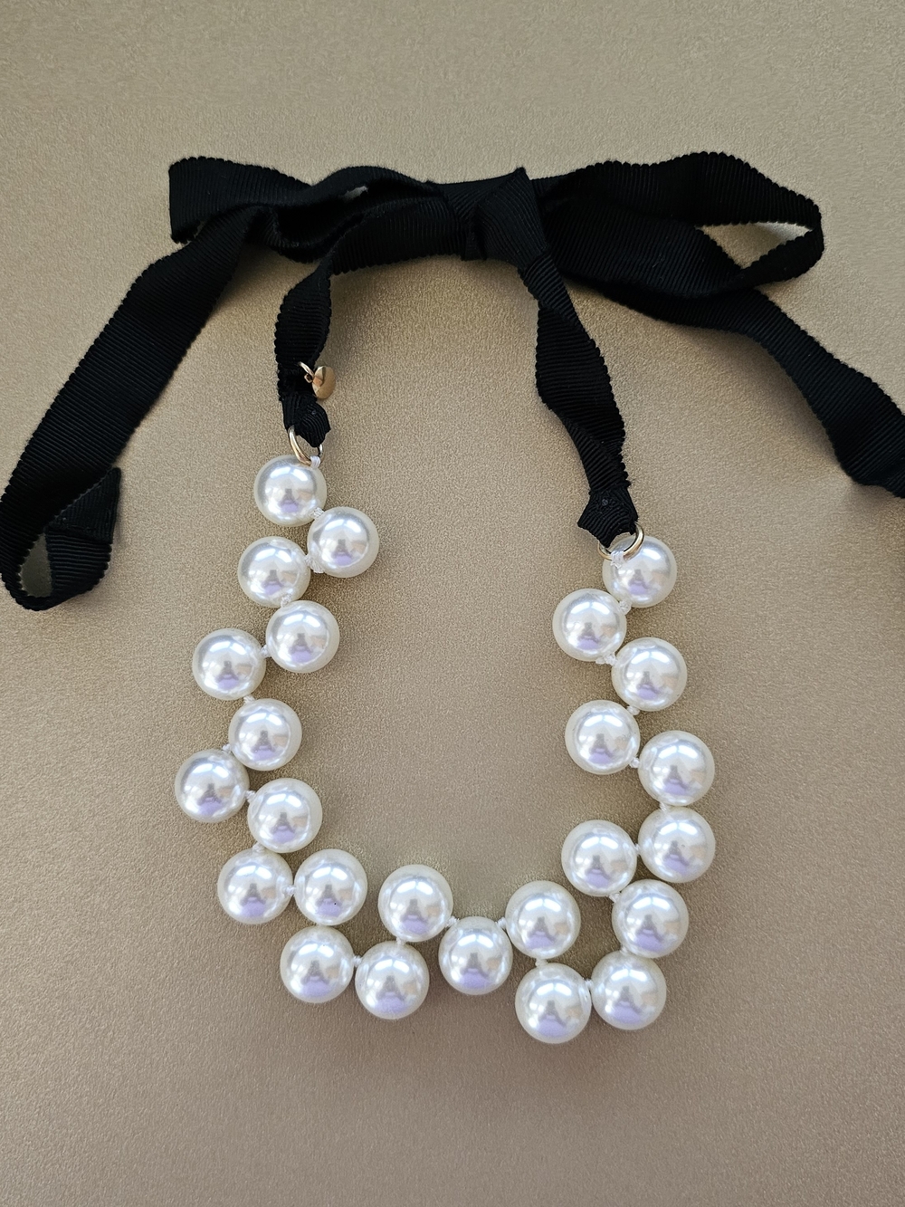 J Crew Faux Pearl Statement Necklace with Adjustable Black Ribbon Tie. Exc Cond